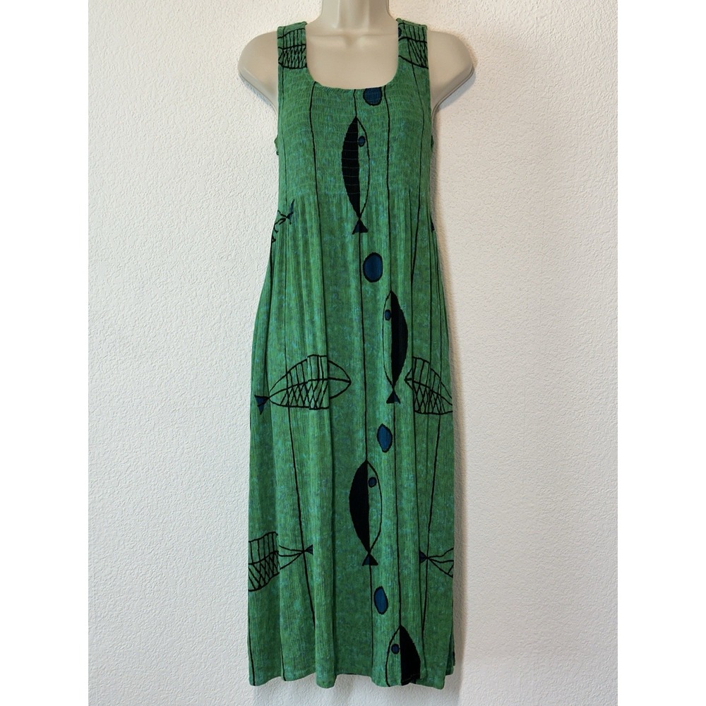 Serengeti Crinkle Gauze Midi Dress Size PS Green Fish Smocked Sleeveless Resort